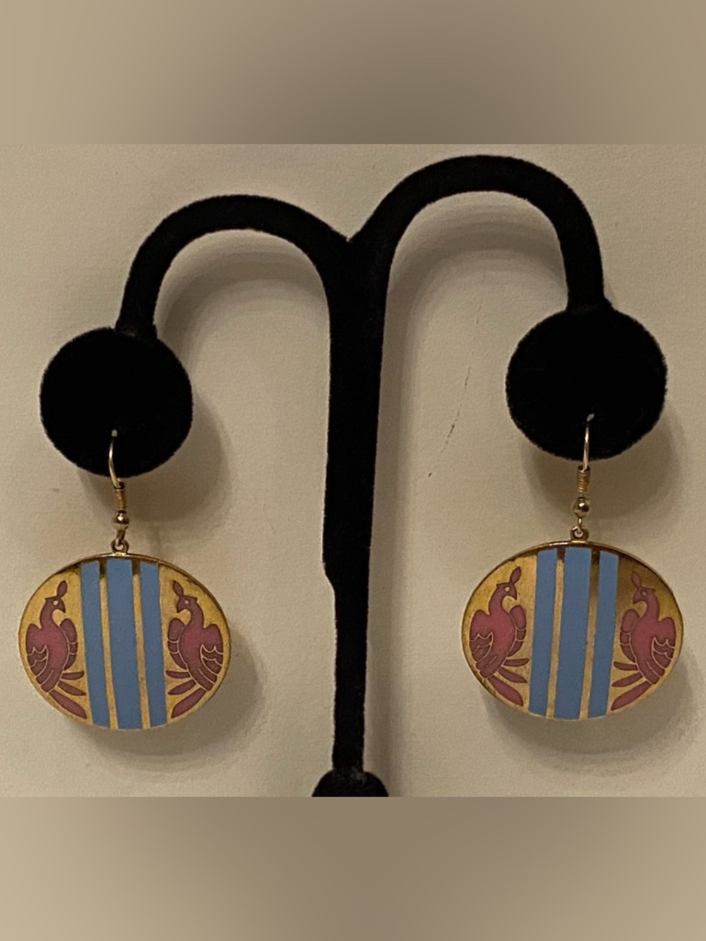 SIGNED ERM EARRINGS PINK DOUBLE PHOENIX BLUE STRIPE GOLD TONE CIRCLE DROP WIRE